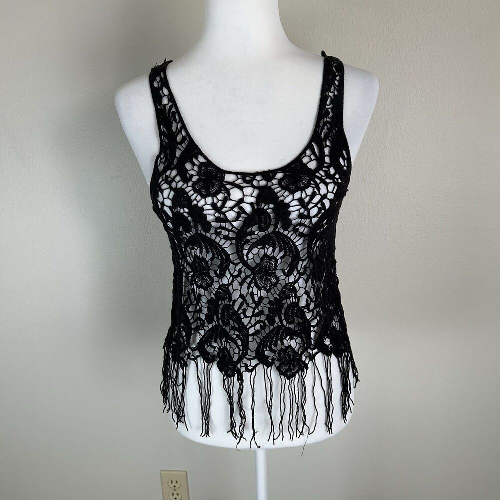 Black S Crochet Sheer Grunge Top Crop Whimsigoth Fringe Goth Open Knit Hippie